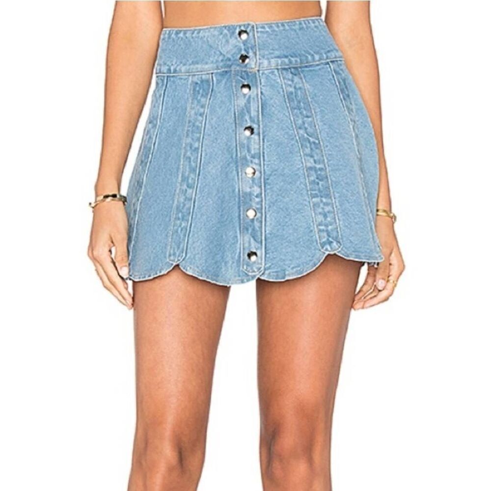 Free People Understated Leather Skirt XS Mini Denim Western Texas Y2K Scalloped
